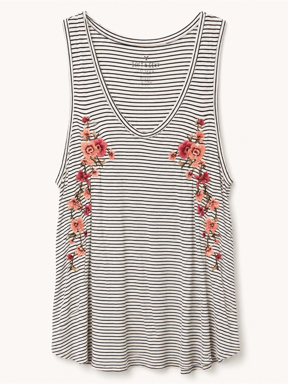 American Eagle Outfitters Black & White Striped Tank with Pink Floral Embroidery